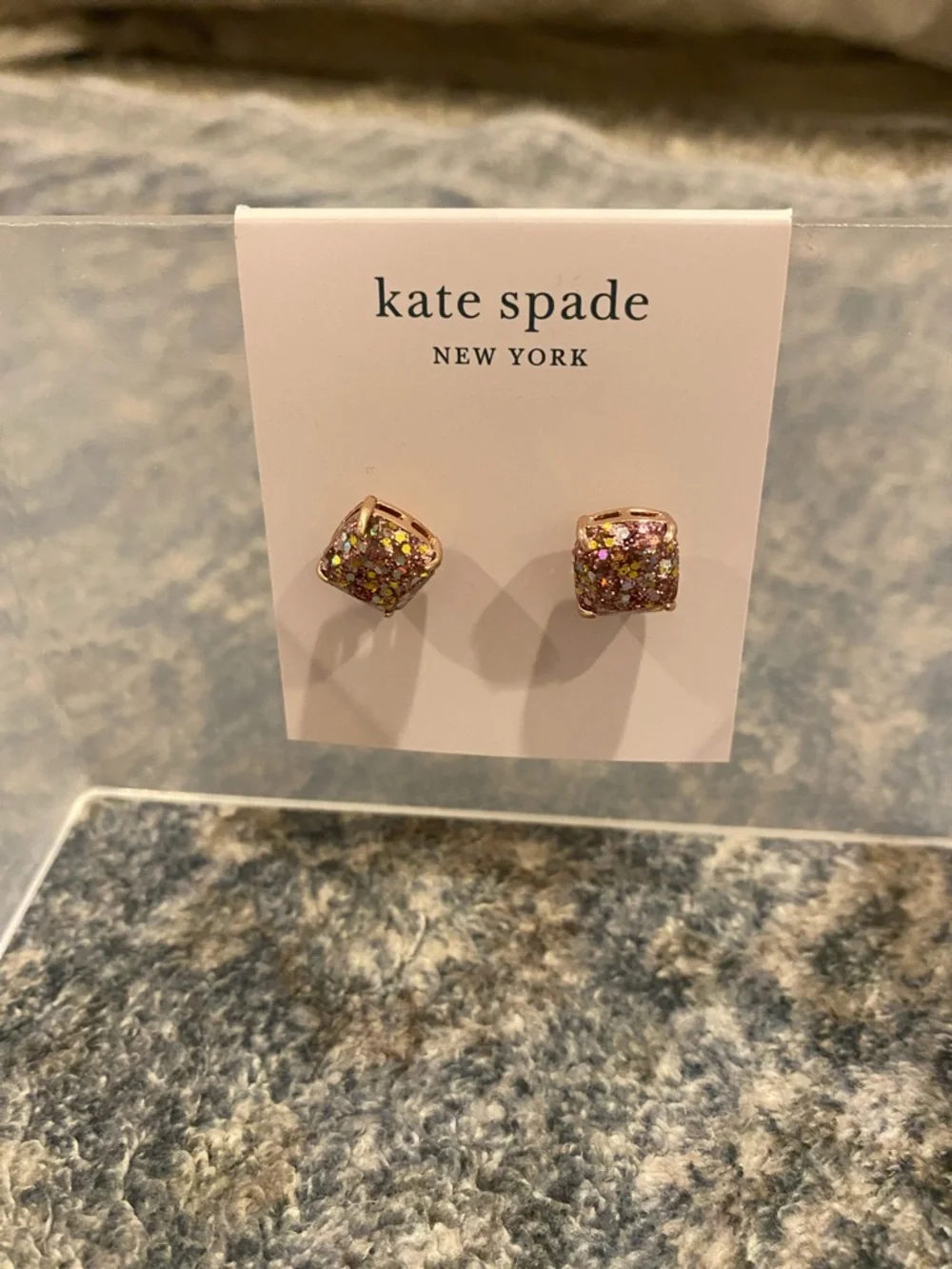 NWT kate spade rose gold multicolor sparkle square stud earrings